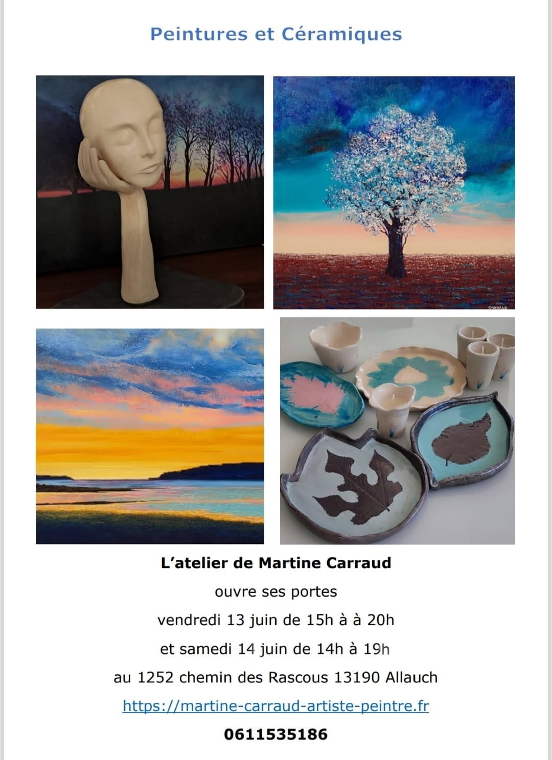 L'atelier de Martine Carraud, artiste peintre, ouvre ses portes le 13 juin 2025 de 15h à 20h et le 14 juin 2025, de 14h à 19h. Nouvelles oeuvres à découvrir.
